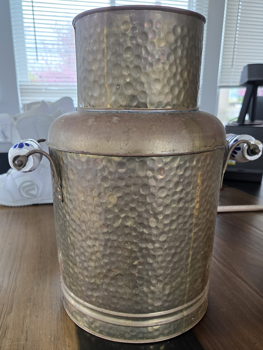 Vintage Hammered Copper Metal Decorative Vase Blue White Ceramic Handles Milk